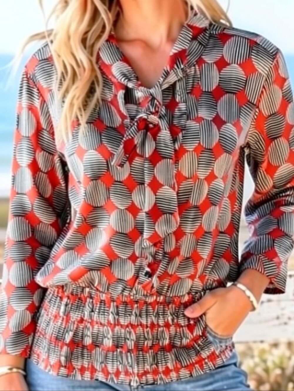 Lia Lee Tie-Neck Geometric Print Very Soft Blouse in Red and Black. NWOT Size 3X